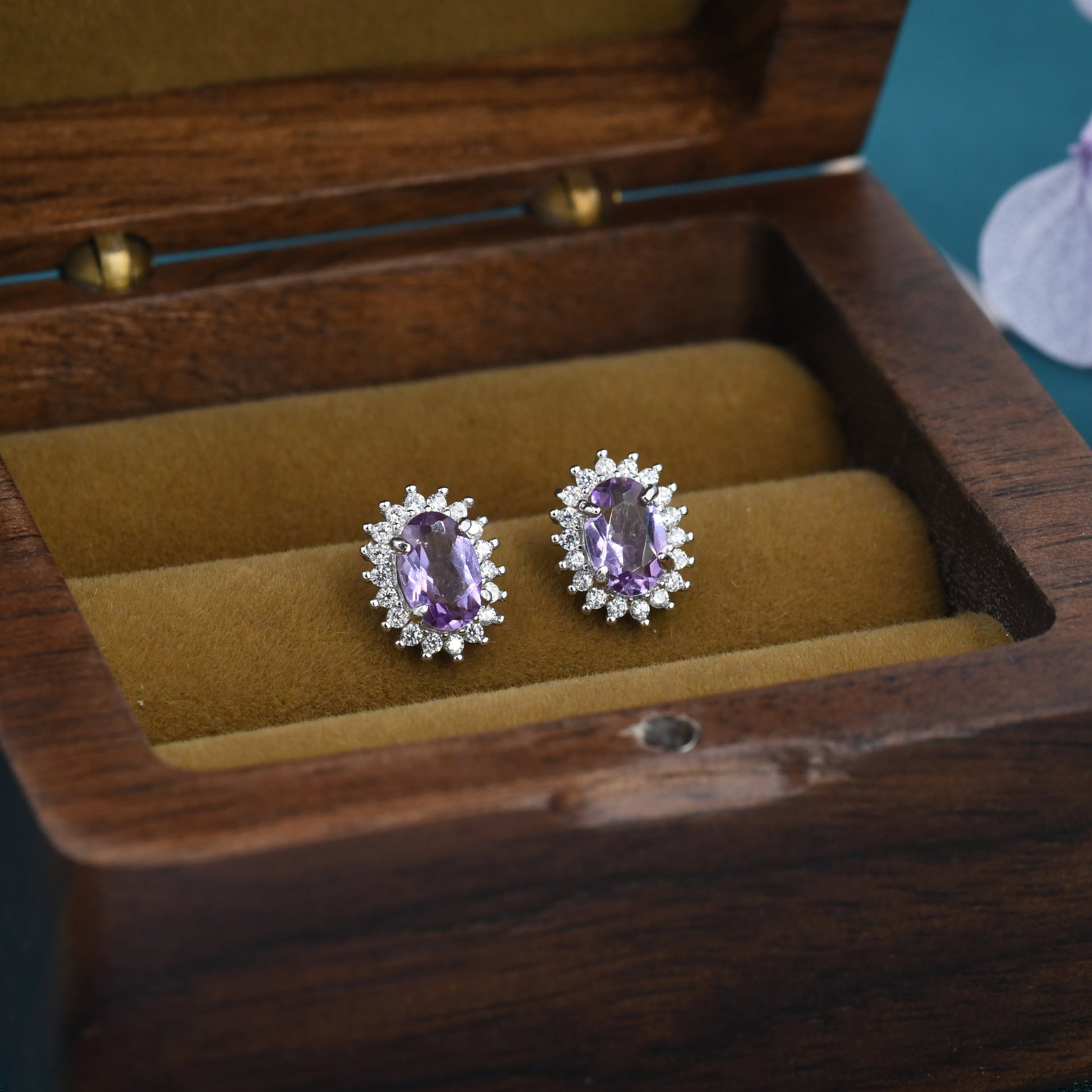 Genuine Amethyst Purple Crystal Stud Earrings in Sterling Silver, Natural Purple Amethyst Oval Stud Earrings