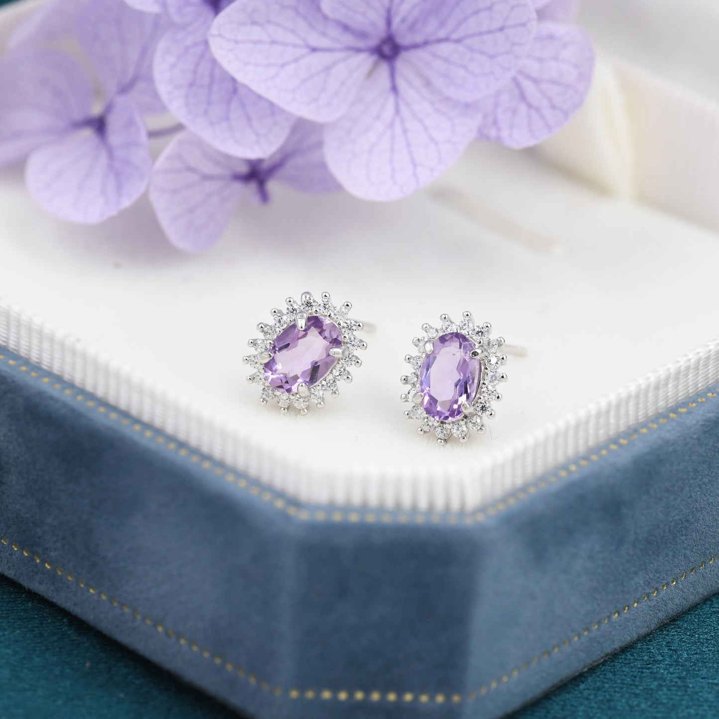 Genuine Amethyst Purple Crystal Stud Earrings in Sterling Silver, Natural Purple Amethyst Oval Stud Earrings