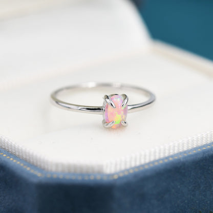 Pink Opal Oval Ring in Sterling Silver, US 5 - 8, 4x6mm, Lab Opal Stone Ring, Pink Opal Ring