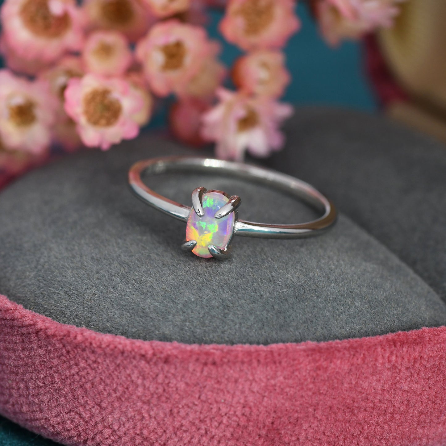 Pink Opal Oval Ring in Sterling Silver, US 5 - 8, 4x6mm, Lab Opal Stone Ring, Pink Opal Ring