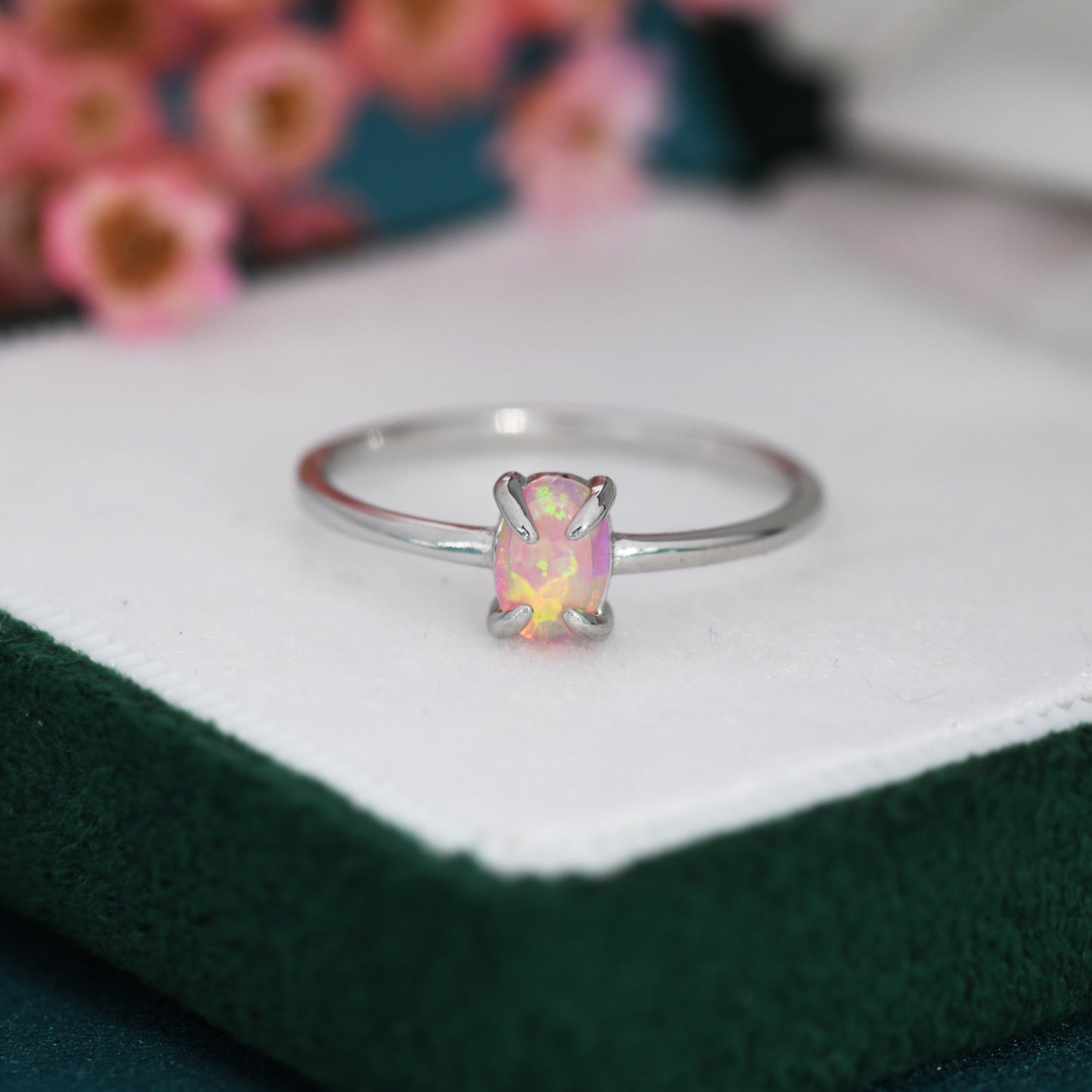 Pink Opal Oval Ring in Sterling Silver, US 5 - 8, 4x6mm, Lab Opal Stone Ring, Pink Opal Ring