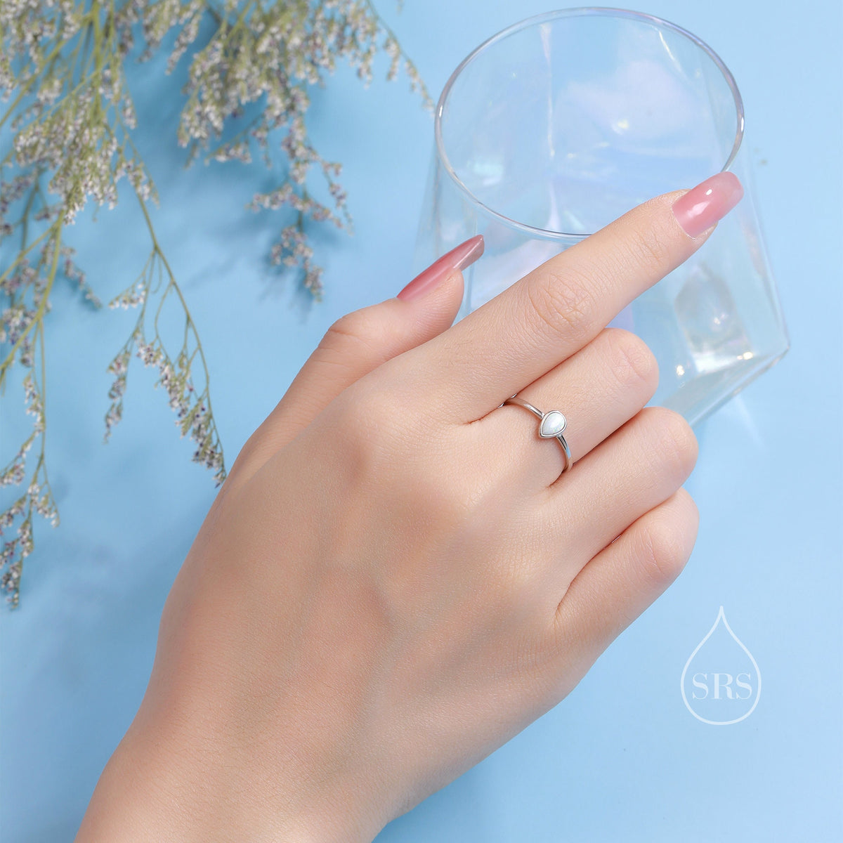 Fire Opal Droplet Ring in Sterling Silver, US 5 - 8, 4x6mm, Lab Opal Stone Ring, White Opal Ring