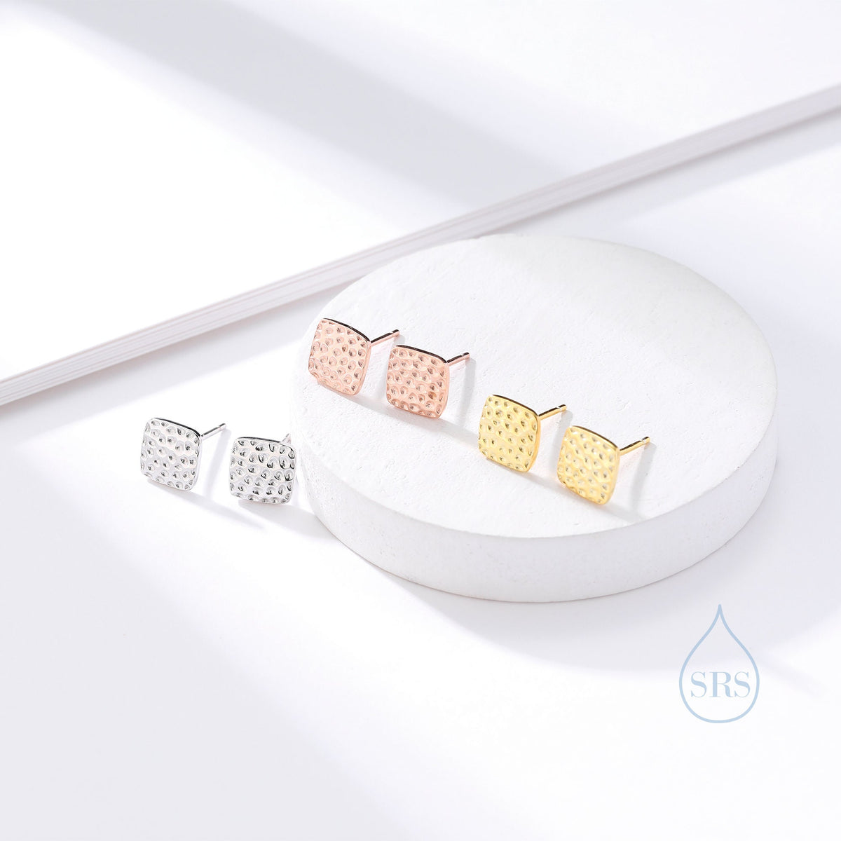 Hammered Square Stud Earrings in Sterling Silver, Silver or Gold or Rose Gold, Square Earrings, Fun and Quirky Jewellery