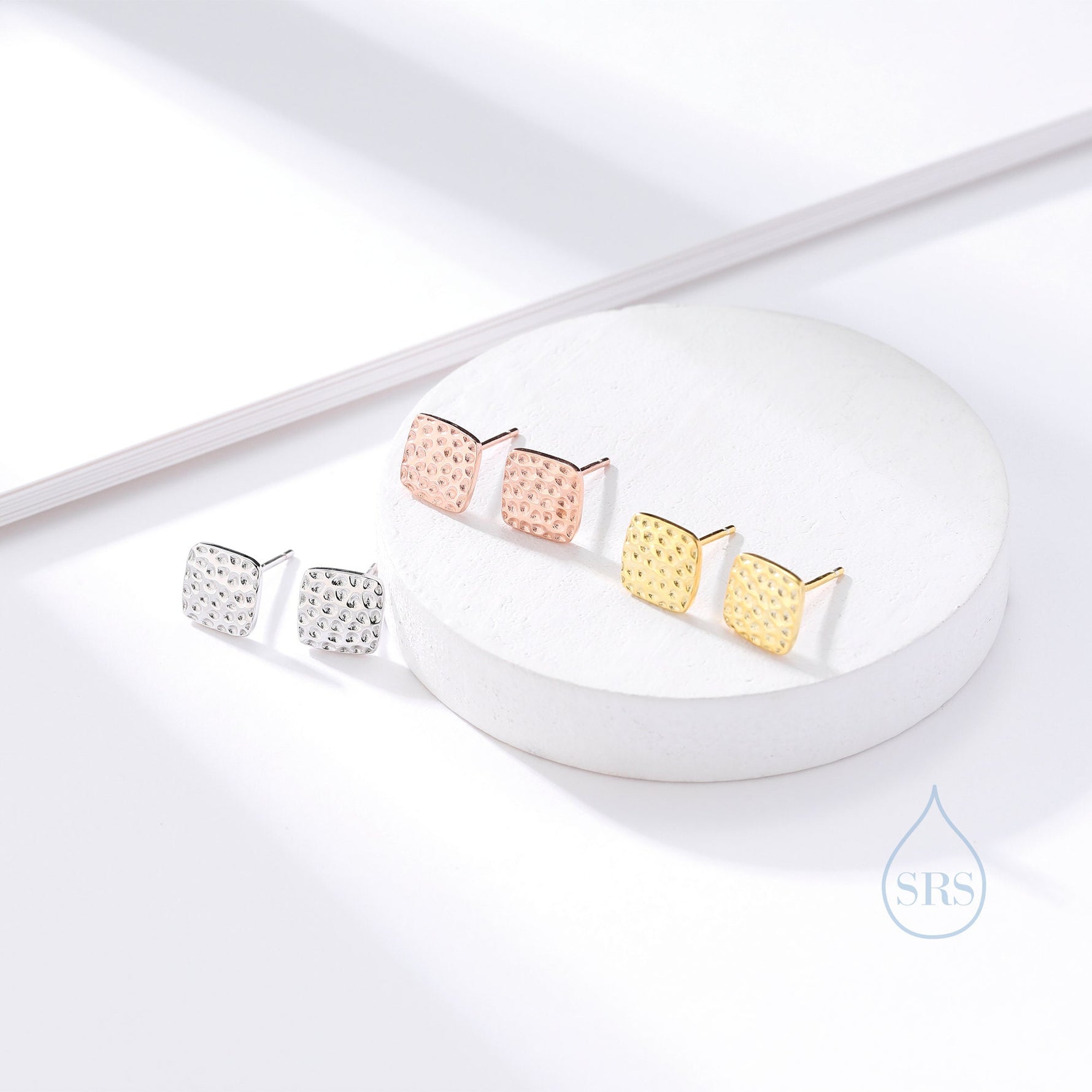 Hammered Square Stud Earrings in Sterling Silver, Silver or Gold or Rose Gold, Square Earrings, Fun and Quirky Jewellery