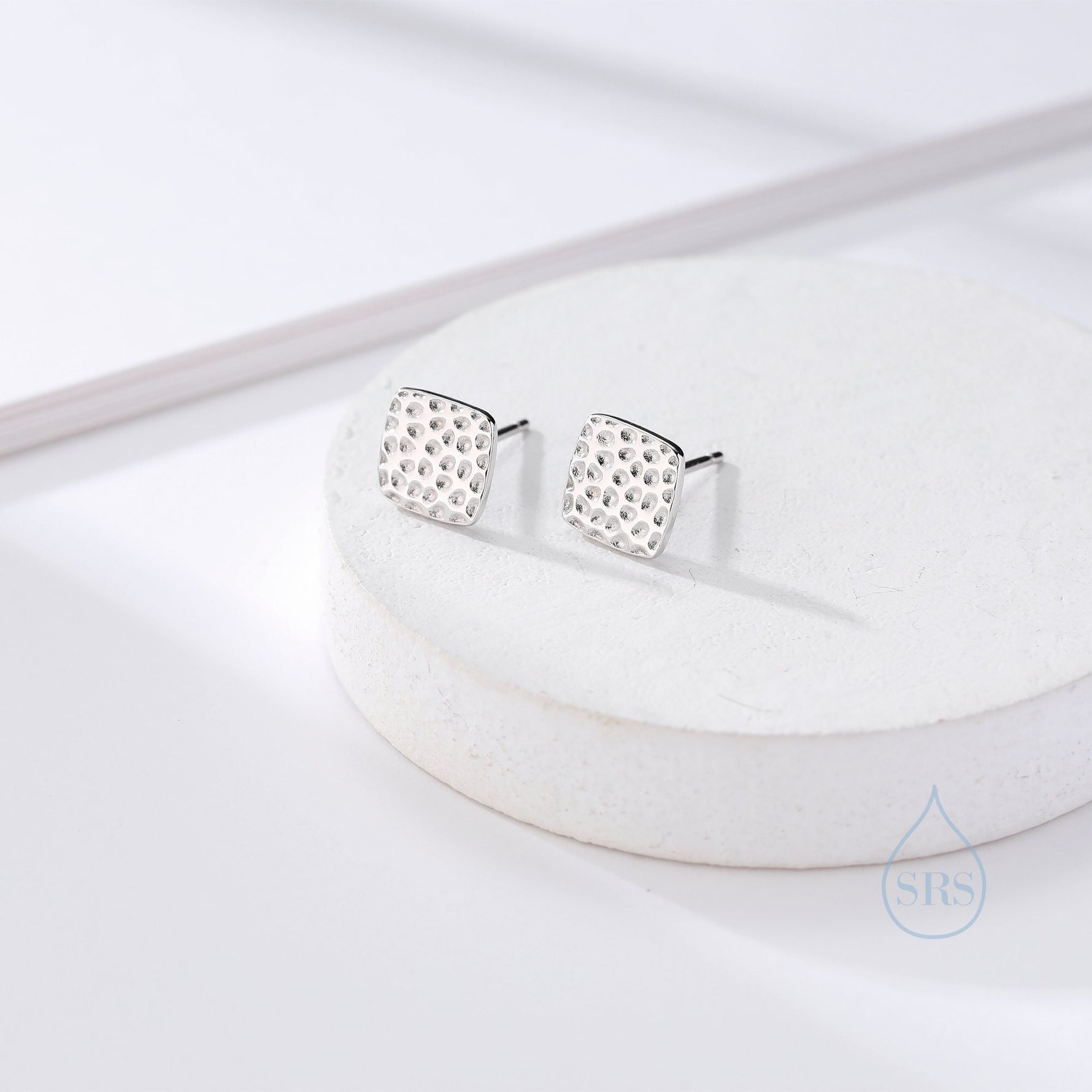Hammered Square Stud Earrings in Sterling Silver, Silver or Gold or Rose Gold, Square Earrings, Fun and Quirky Jewellery