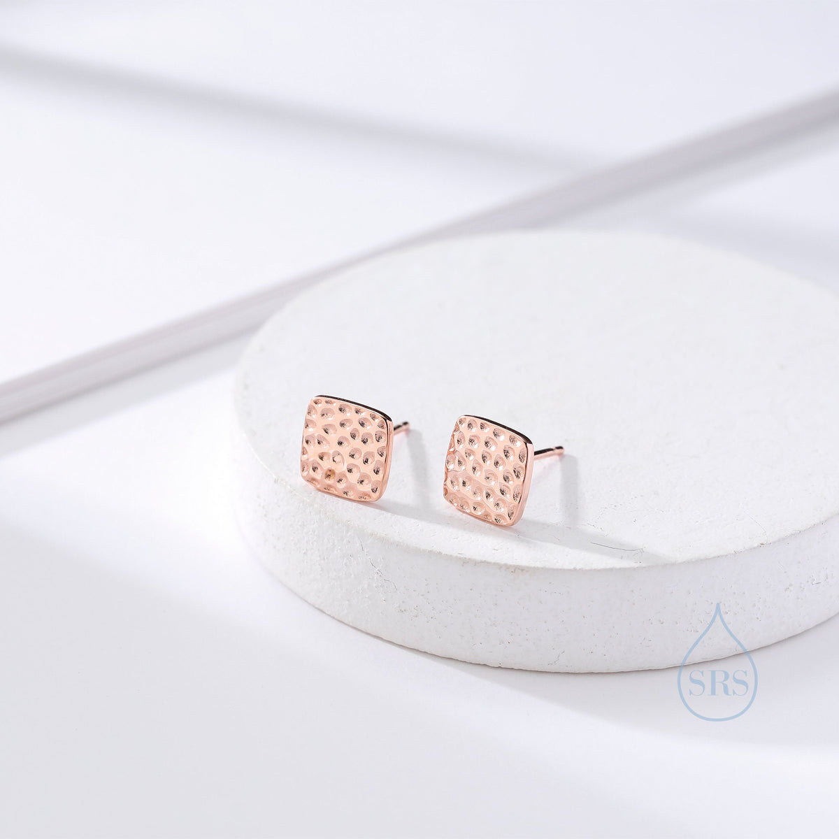 Hammered Square Stud Earrings in Sterling Silver, Silver or Gold or Rose Gold, Square Earrings, Fun and Quirky Jewellery