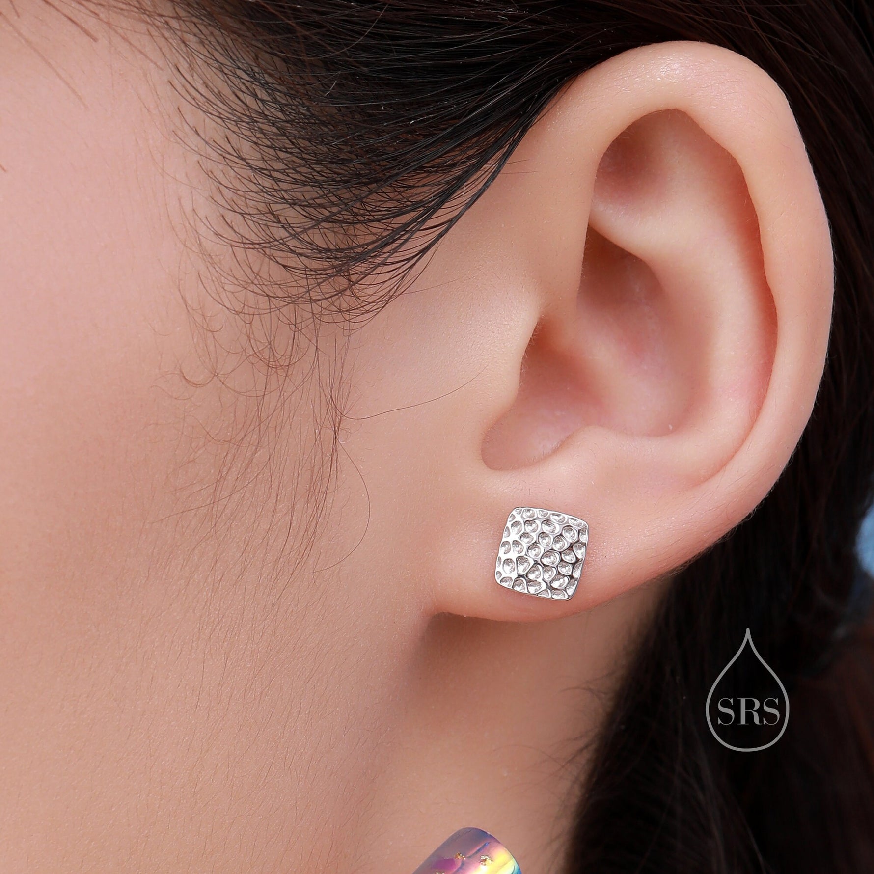 Hammered Square Stud Earrings in Sterling Silver, Silver or Gold or Rose Gold, Square Earrings, Fun and Quirky Jewellery