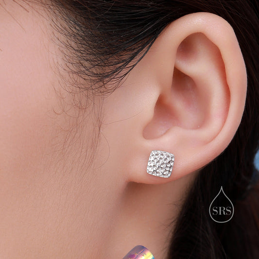 Hammered Square Stud Earrings in Sterling Silver, Silver or Gold or Rose Gold, Square Earrings, Fun and Quirky Jewellery
