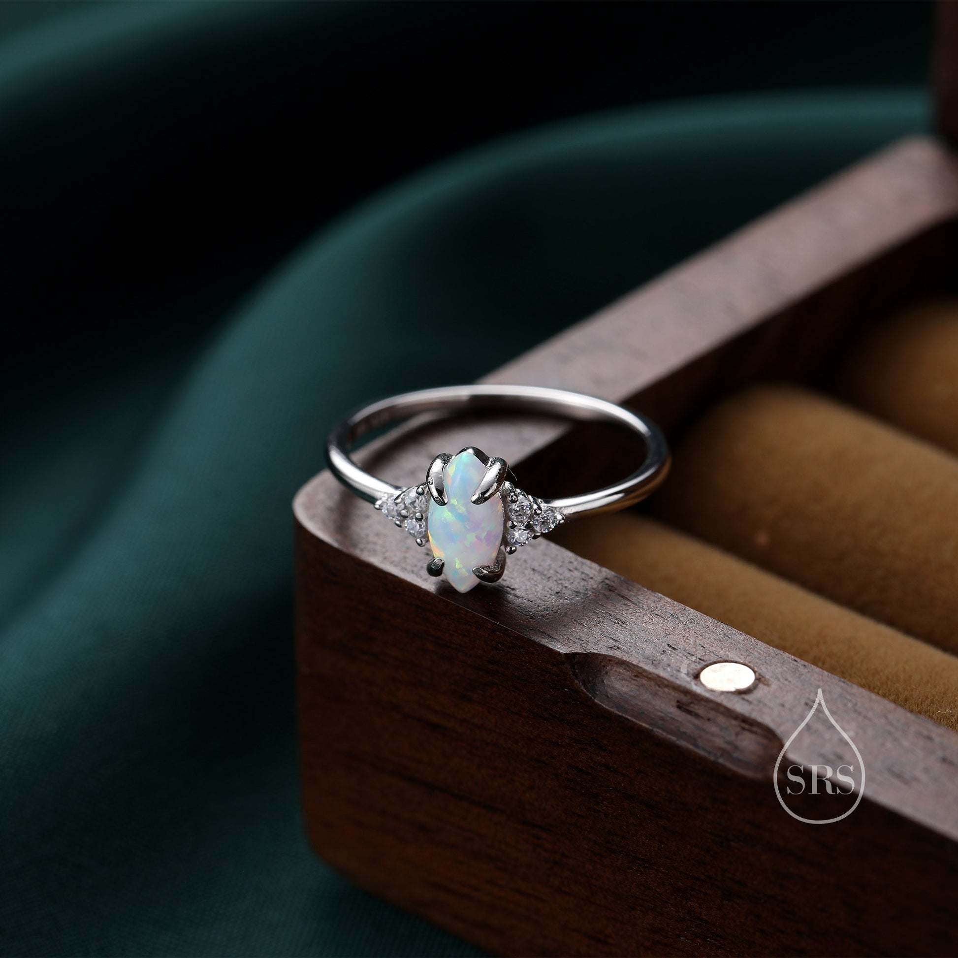 White Opal Marquise and CZ Ring in Sterling Silver, US 5 - 8, Vintage Inspired, 4x8mm, Lab Opal Stone Ring, Fire Opal Ring