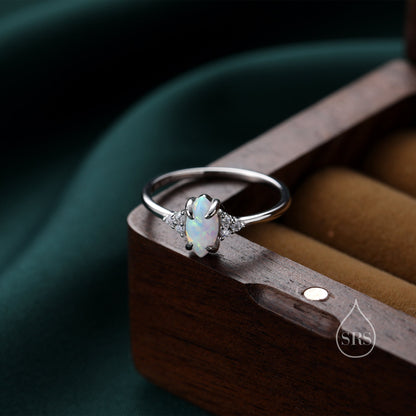 White Opal Marquise and CZ Ring in Sterling Silver, US 5 - 8, Vintage Inspired, 4x8mm, Lab Opal Stone Ring, Fire Opal Ring