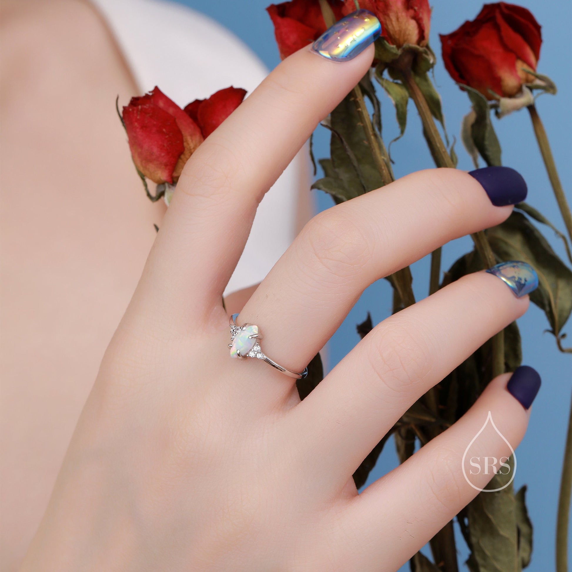 White Opal Marquise and CZ Ring in Sterling Silver, US 5 - 8, Vintage Inspired, 4x8mm, Lab Opal Stone Ring, Fire Opal Ring