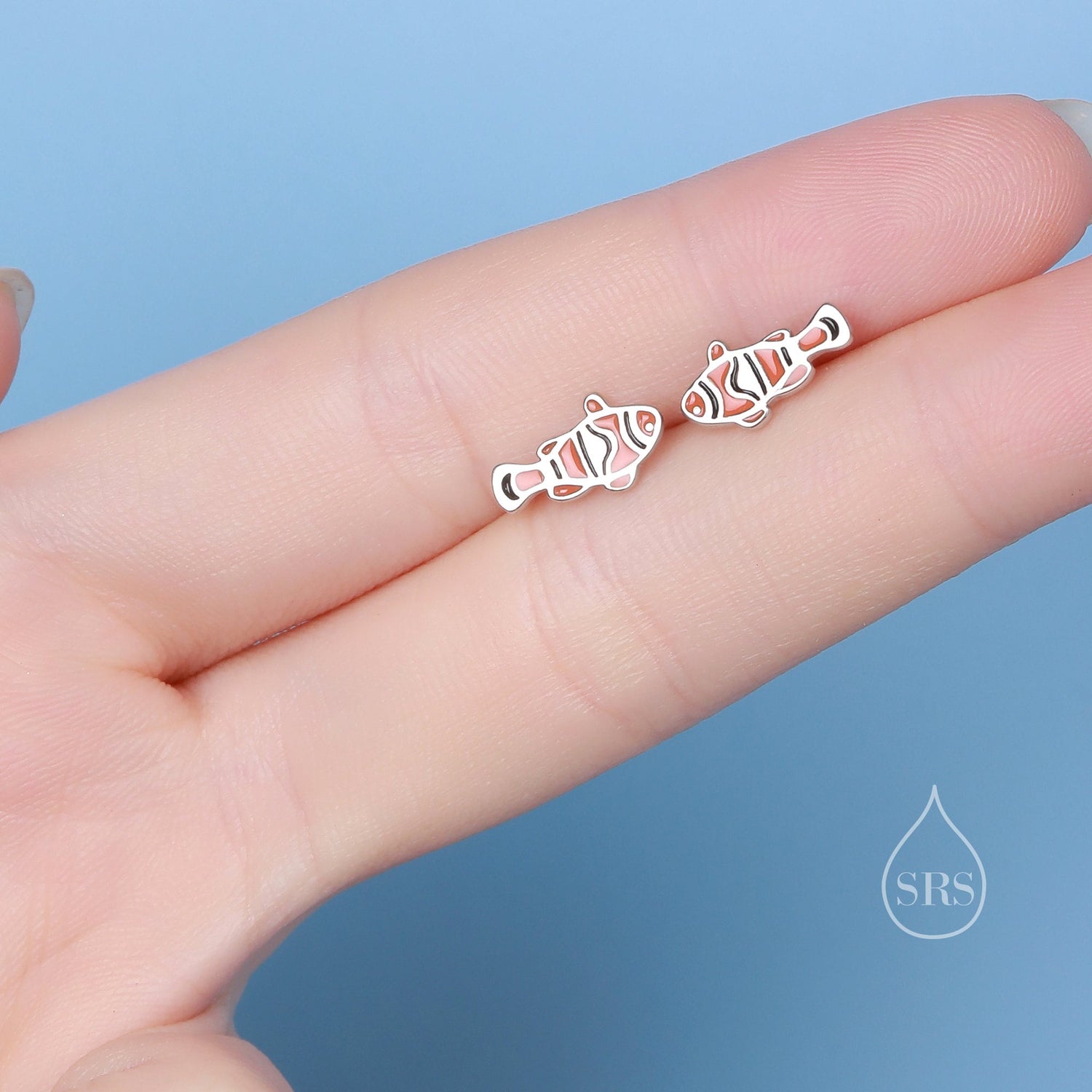 Enamel Clownfish Stud Earrings in Sterling Silver, Fish Earrings, Tiny Fish Earrings, Tiny Tropical Fish Stud