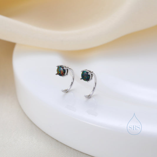 Black Opal Huggie Hoop Earrings in Sterling Silver, Tiny Opal Open Hoops, Opal Pull Through Threaders, Half Hoops, C Shape Opal Hoops