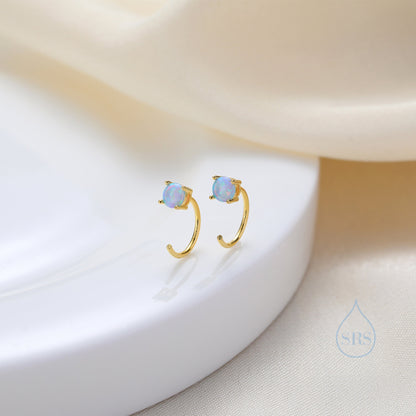 Blue Opal Huggie Hoop Earrings in Sterling Silver, Tiny Opal Open Hoop Earrings, Opal Pull Through Threaders, Half Hoops, C Shape Opal Hoops