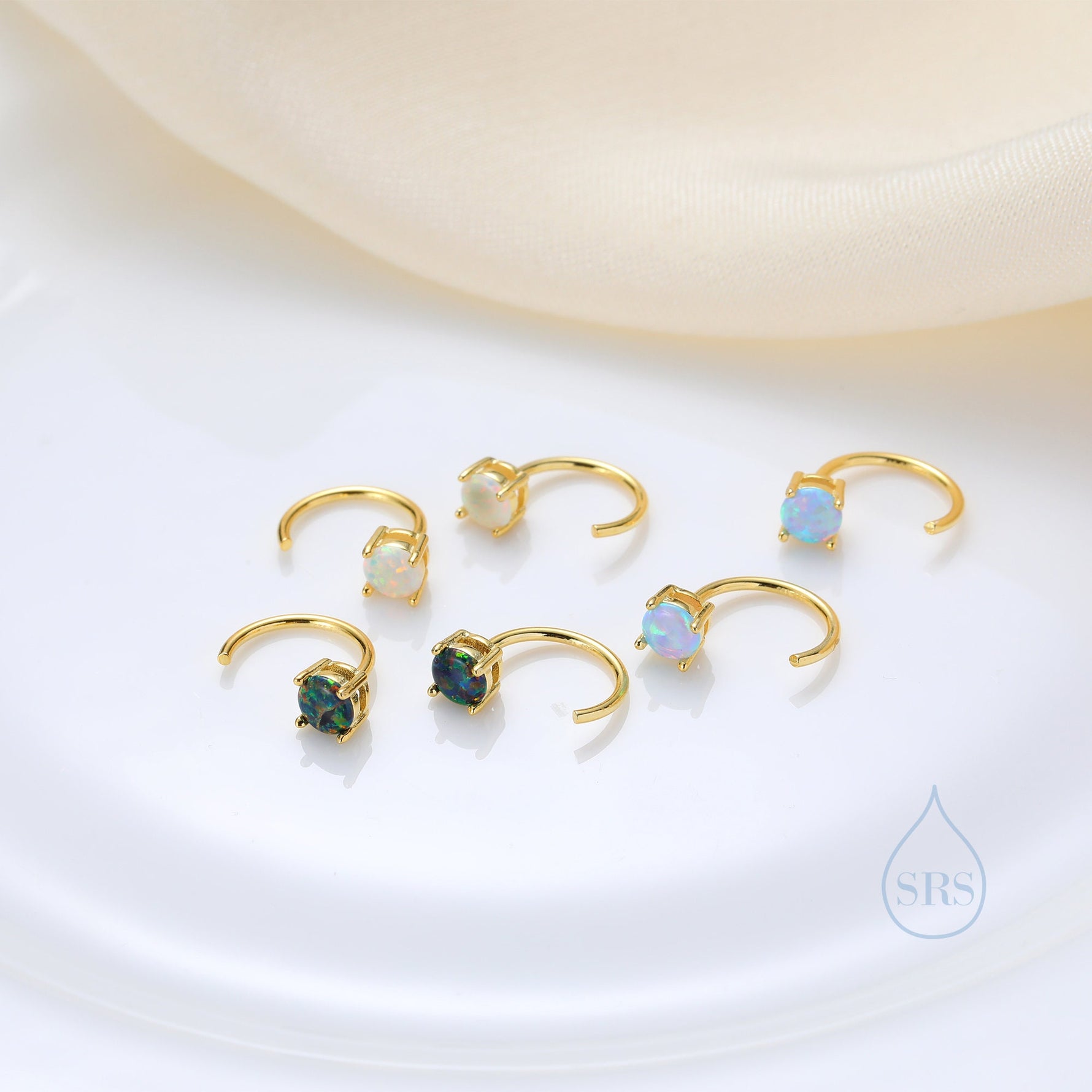 White Opal Huggie Hoop Earrings in Sterling Silver, Tiny Opal Open Hoops, Opal Pull Through Threaders, Half Hoops, C Shape Opal Hoops