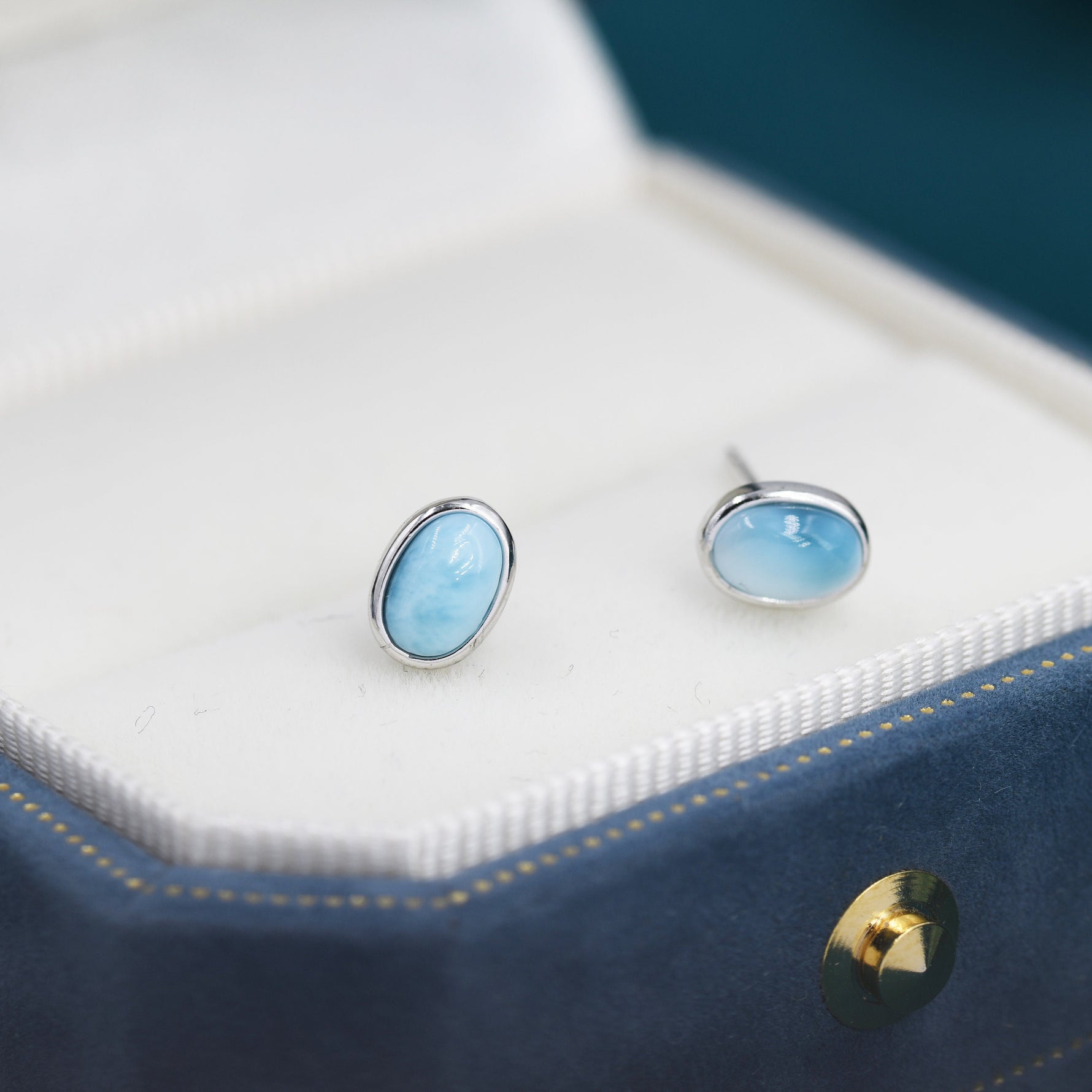 Genuine Larimar Stone Oval Stud Earrings in Sterling Silver, Blue Larimar Bezel Stud, Natural Semi-Precious Gemstones, Minimalist Earrings