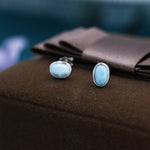 Genuine Larimar Stone Oval Stud Earrings in Sterling Silver, Blue Larimar Bezel Stud, Natural Semi-Precious Gemstones, Minimalist Earrings