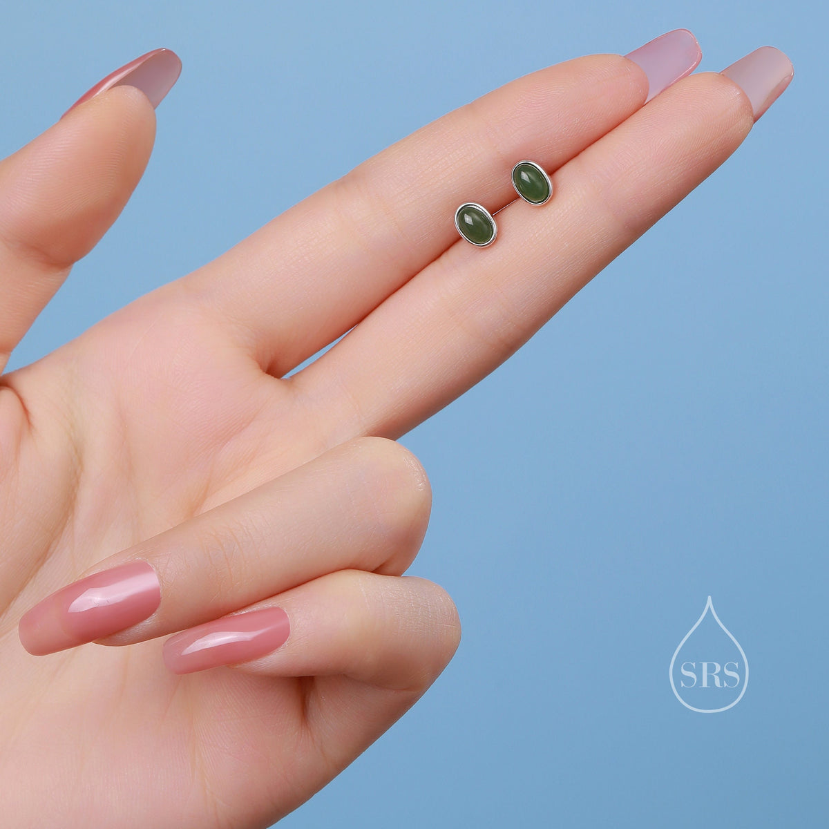Genuine Green Japer Jade Stone Oval Stud Earrings in Sterling Silver, Jade Stud, Natural Jade Gemstones, Bezel, Minimalist Earrings