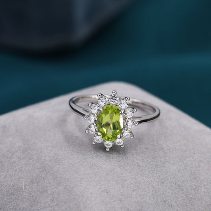 Genuine Peridot and CZ Halo Ring in Sterling Silver, Natural Peridot Stone Ring, Stacking Rings, US 5-8