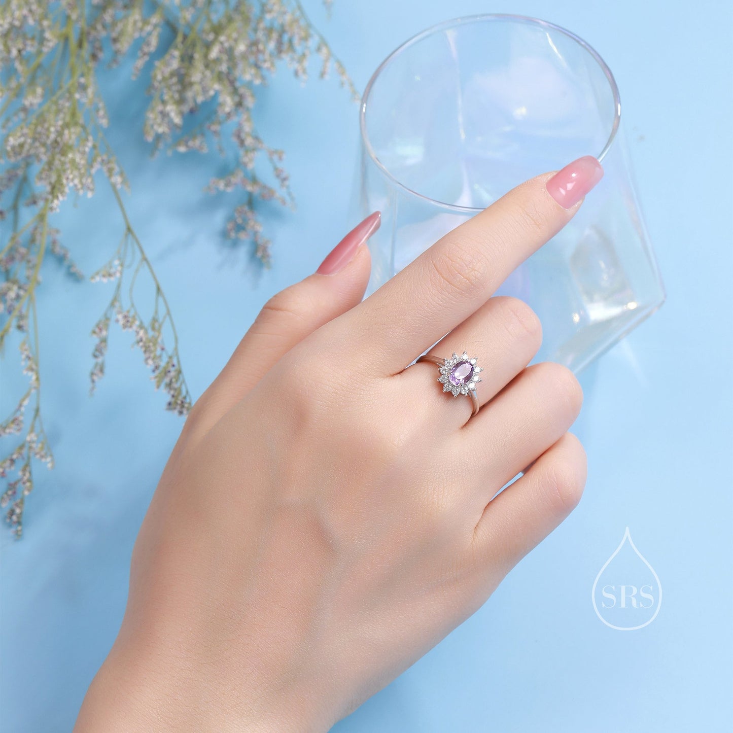 Genuine Garnet and CZ Halo Ring in Sterling Silver, Natural Garnet Stone Ring, Stacking Rings, US 5-8