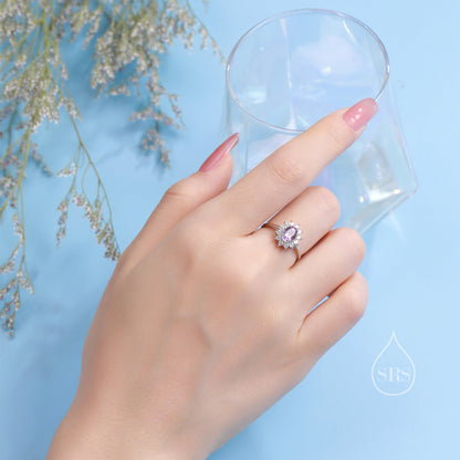 Genuine Garnet and CZ Halo Ring in Sterling Silver, Natural Garnet Stone Ring, Stacking Rings, US 5-8