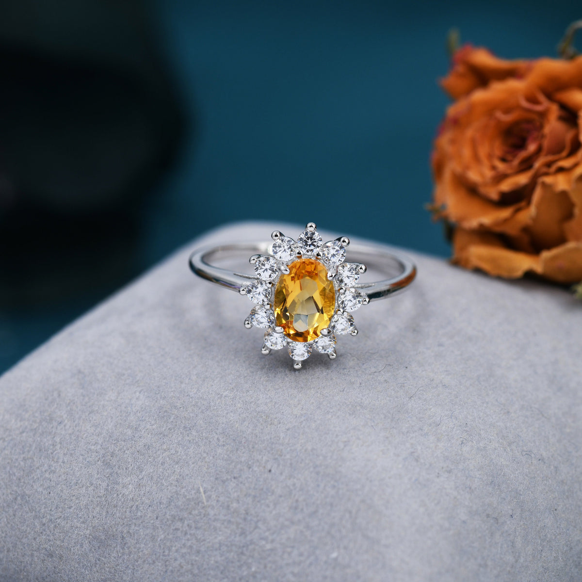 Genuine Citrine and CZ Halo Ring in Sterling Silver, Natural Citrine Stone Ring, Stacking Rings, US 5-8