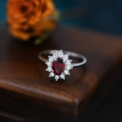 Genuine Garnet and CZ Halo Ring in Sterling Silver, Natural Garnet Stone Ring, Stacking Rings, US 5-8