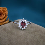 Genuine Garnet and CZ Halo Ring in Sterling Silver, Natural Garnet Stone Ring, Stacking Rings, US 5-8