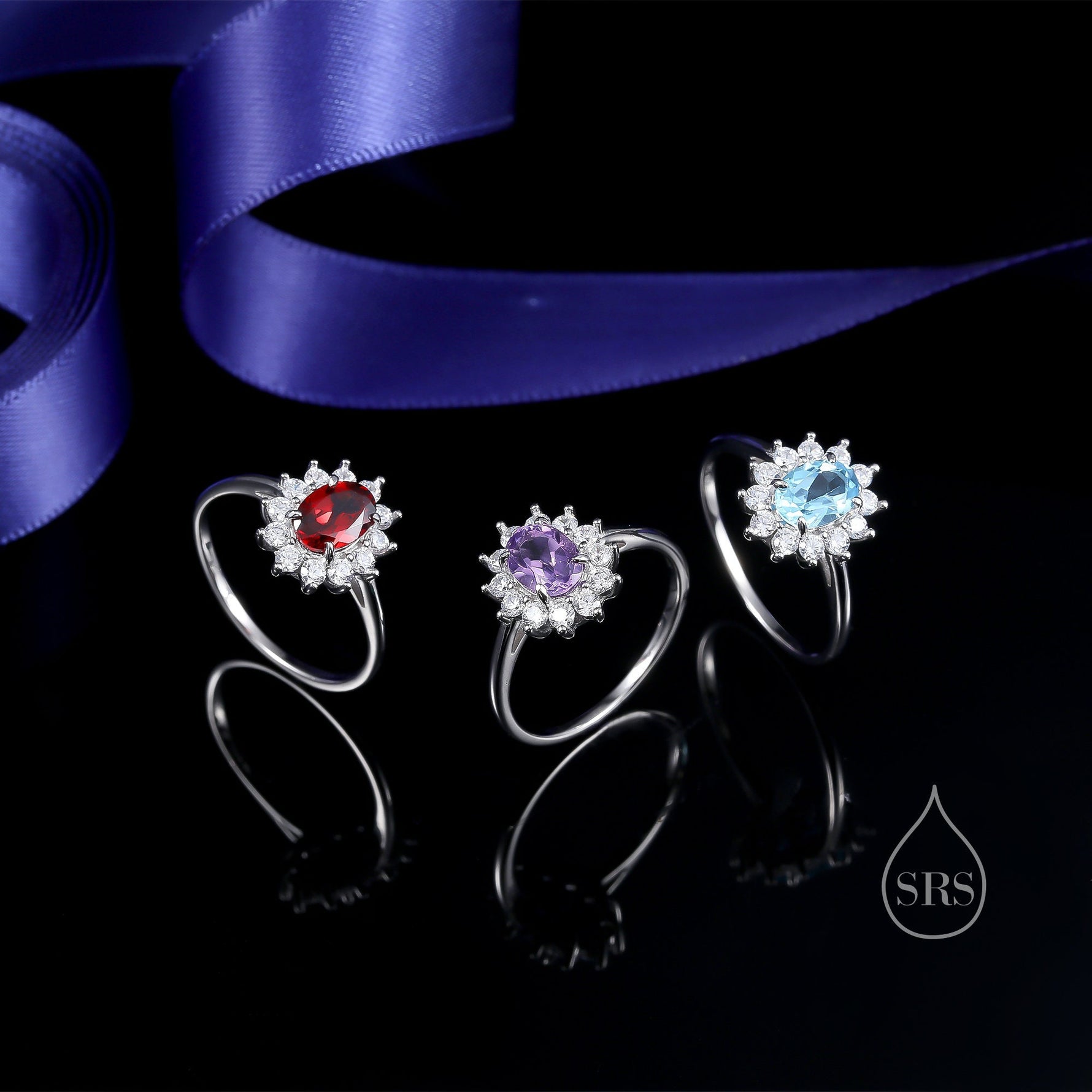 Genuine Garnet and CZ Halo Ring in Sterling Silver, Natural Garnet Stone Ring, Stacking Rings, US 5-8