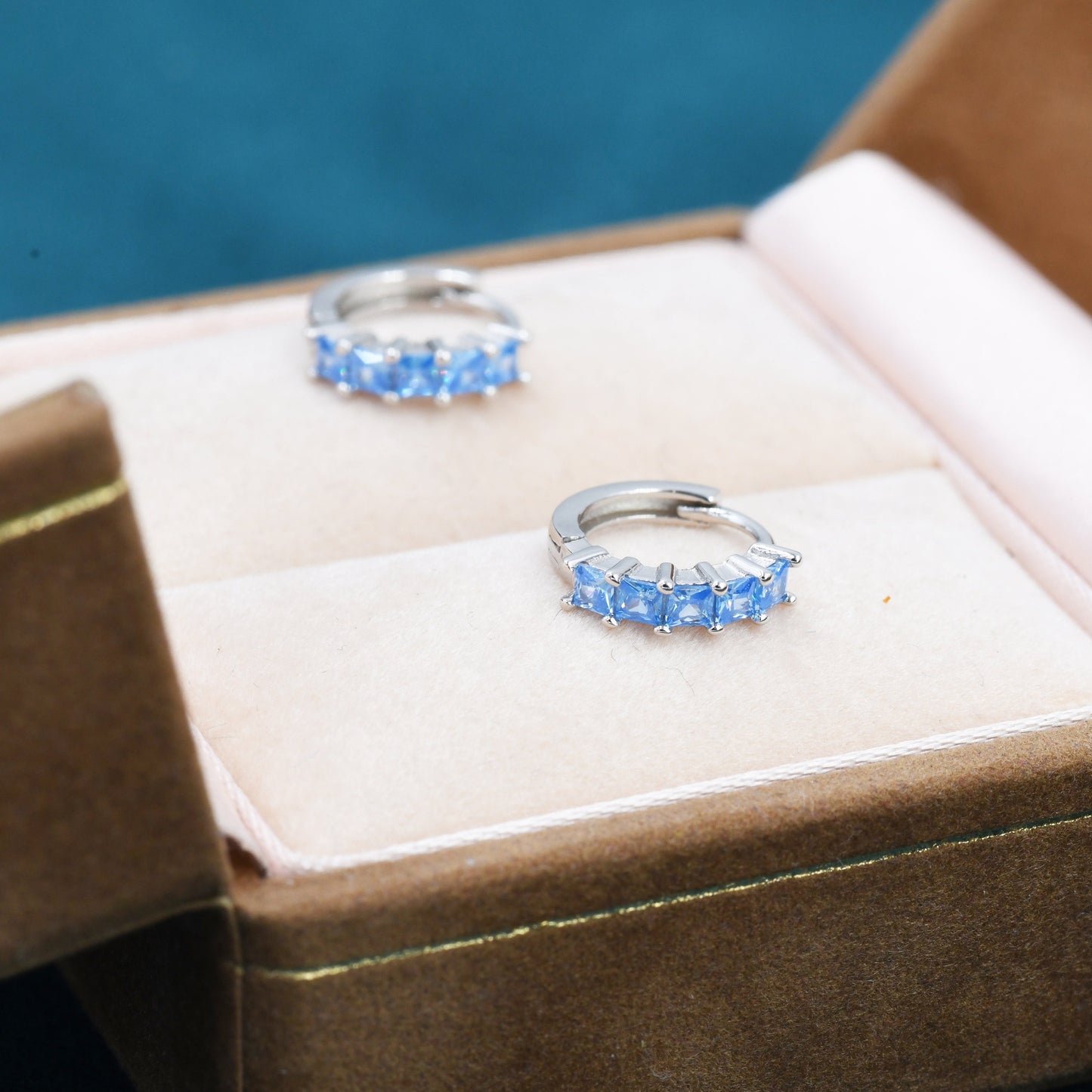 Princess Cut Aquamarine Blue CZ Huggie Hoop in Sterling Silver, Minimalist Simple Hoop Earrings, Blue CZ Hoops