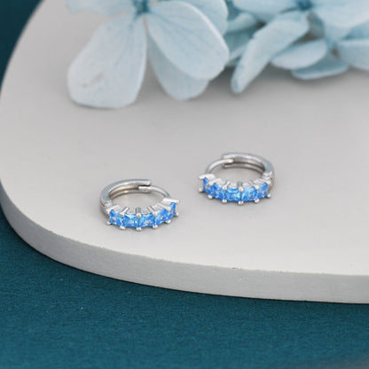 Princess Cut Aquamarine Blue CZ Huggie Hoop in Sterling Silver, Minimalist Simple Hoop Earrings, Blue CZ Hoops