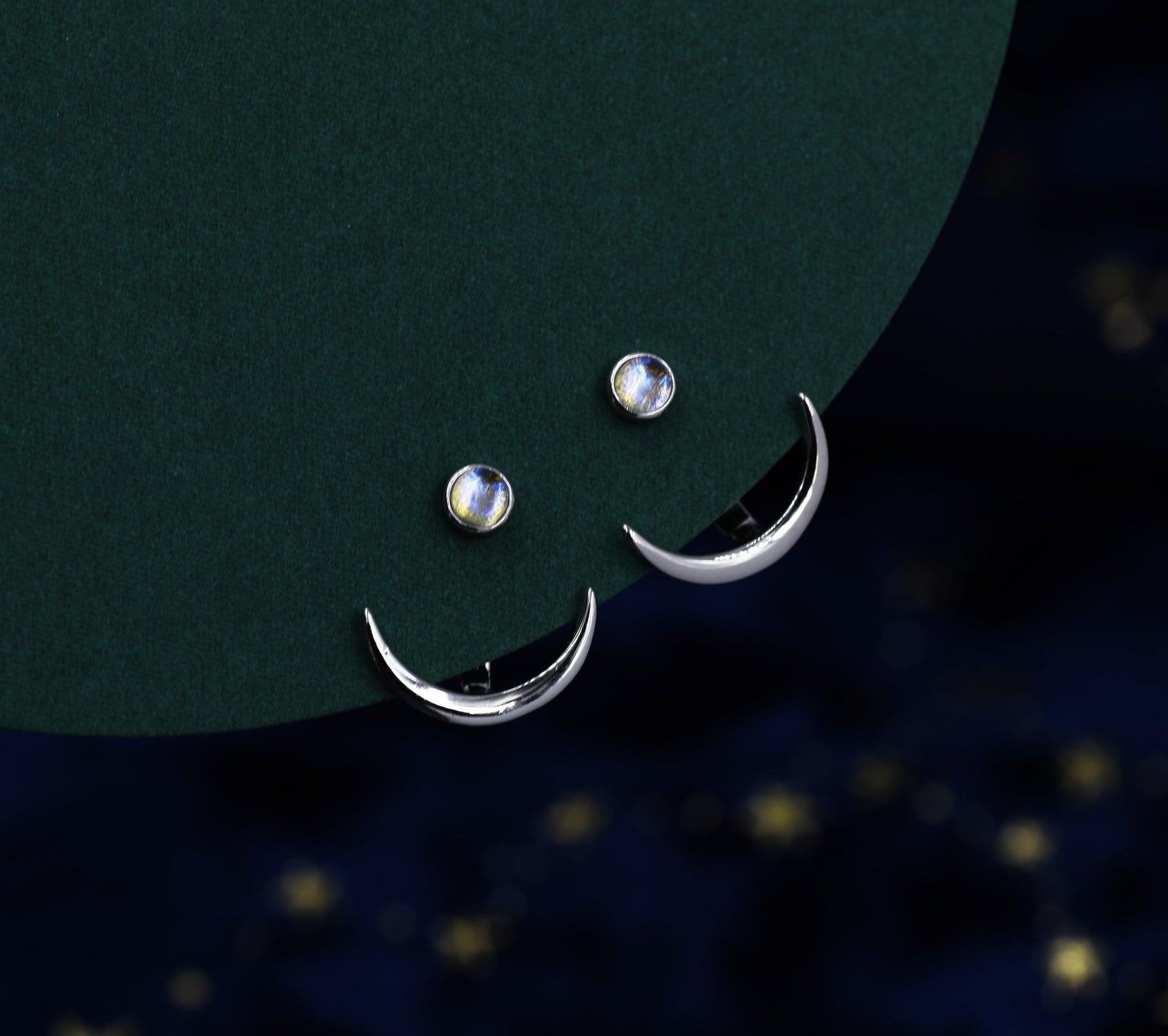 Crescent Moon and Moonstone Ear Jacket in Sterling Silver, Moon Front and Back Earrings in Sterling Silver, Moonstone Earrings