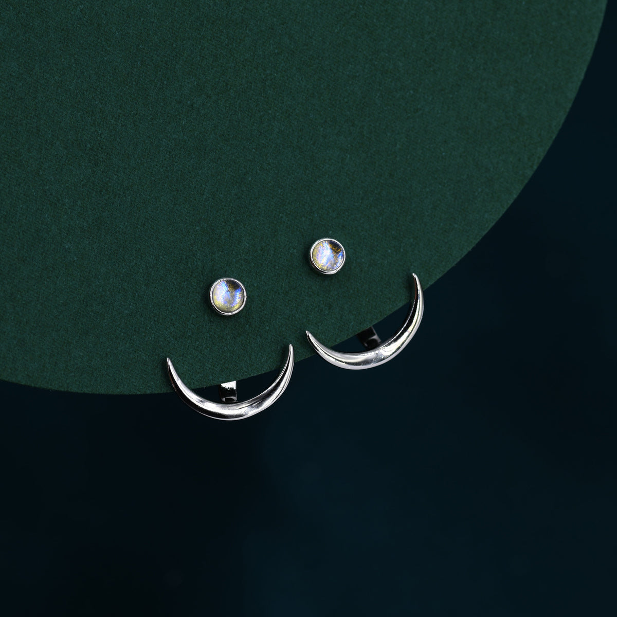Crescent Moon and Moonstone Ear Jacket in Sterling Silver, Moon Front and Back Earrings in Sterling Silver, Moonstone Earrings