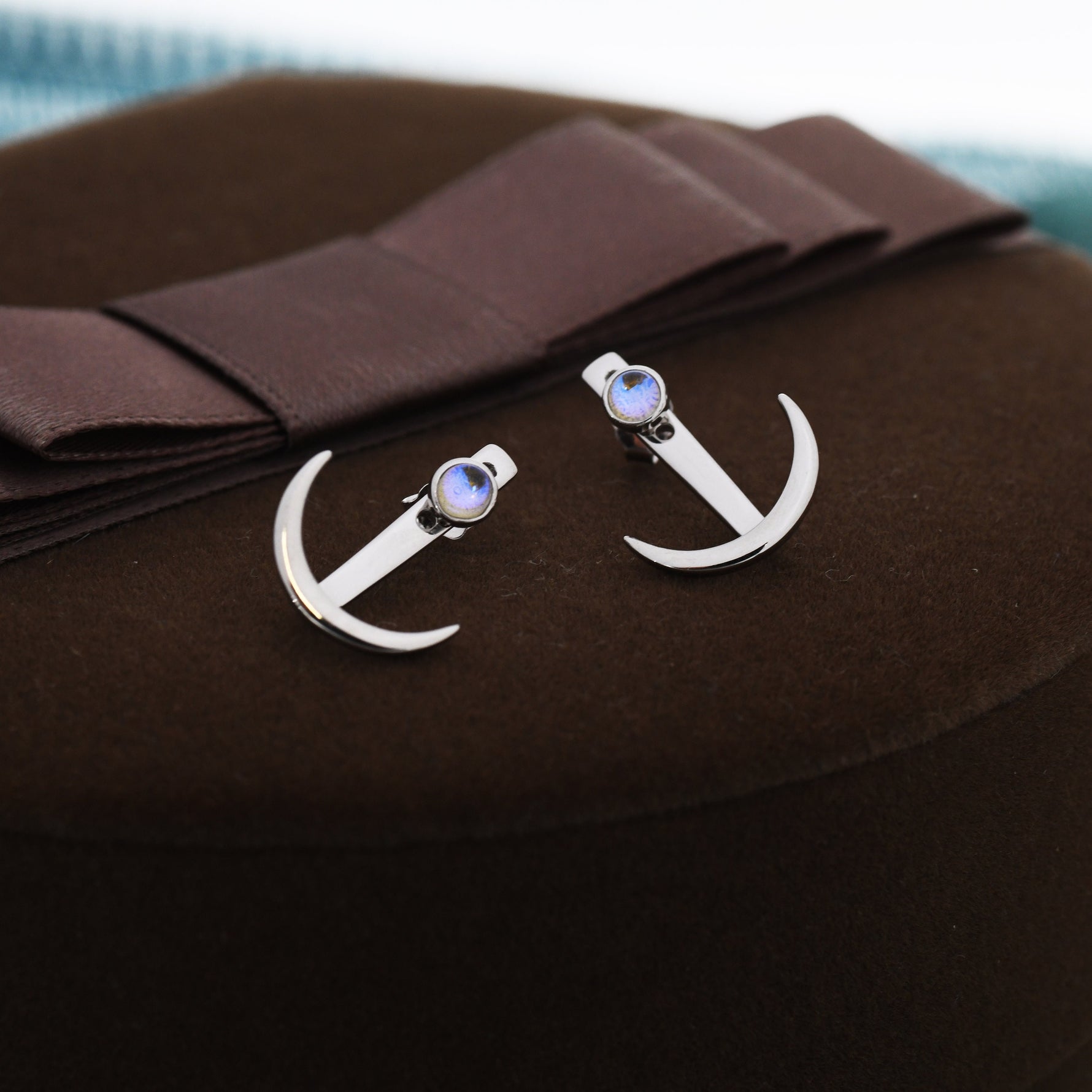 Crescent Moon and Moonstone Ear Jacket in Sterling Silver, Moon Front and Back Earrings in Sterling Silver, Moonstone Earrings