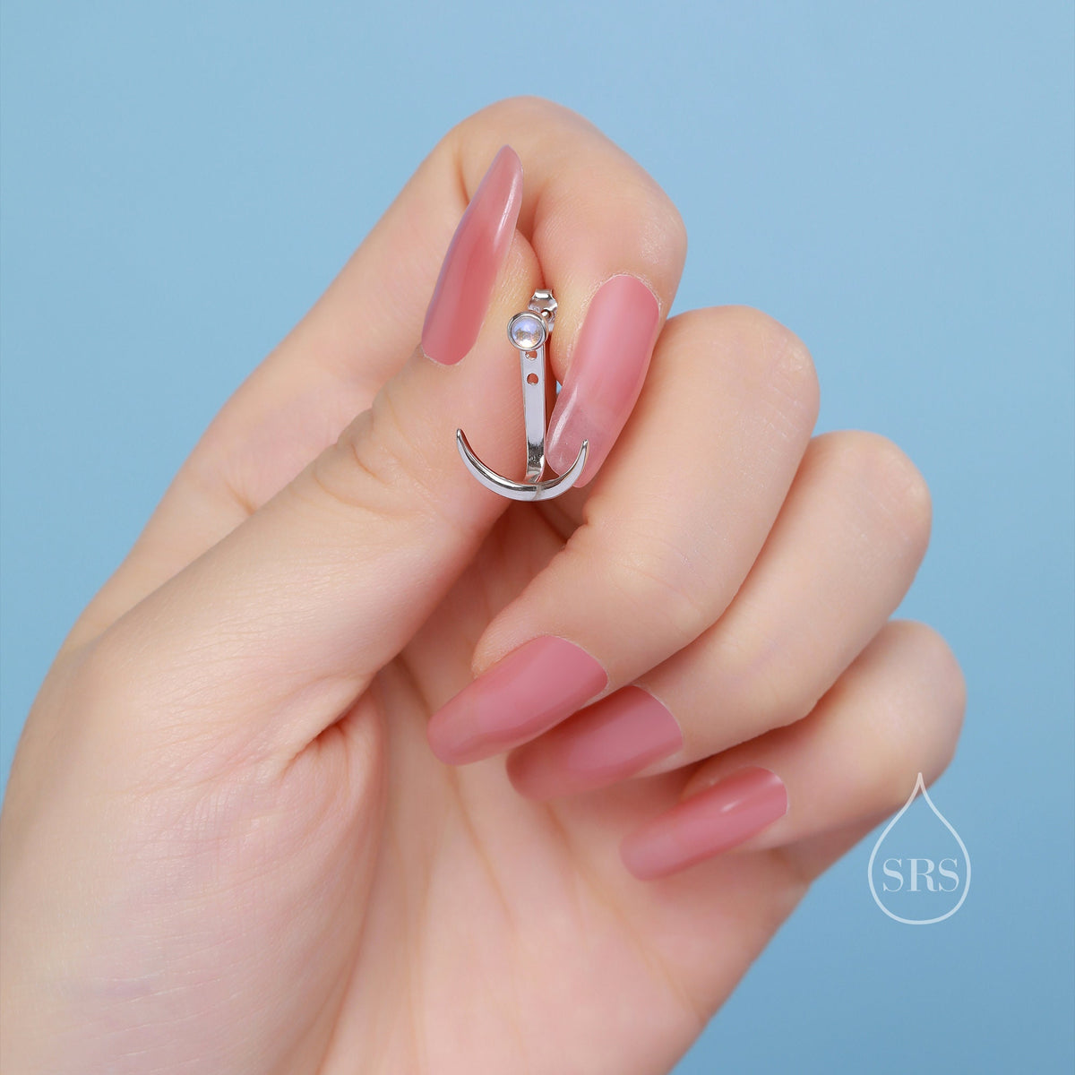 Crescent Moon and Moonstone Ear Jacket in Sterling Silver, Moon Front and Back Earrings in Sterling Silver, Moonstone Earrings