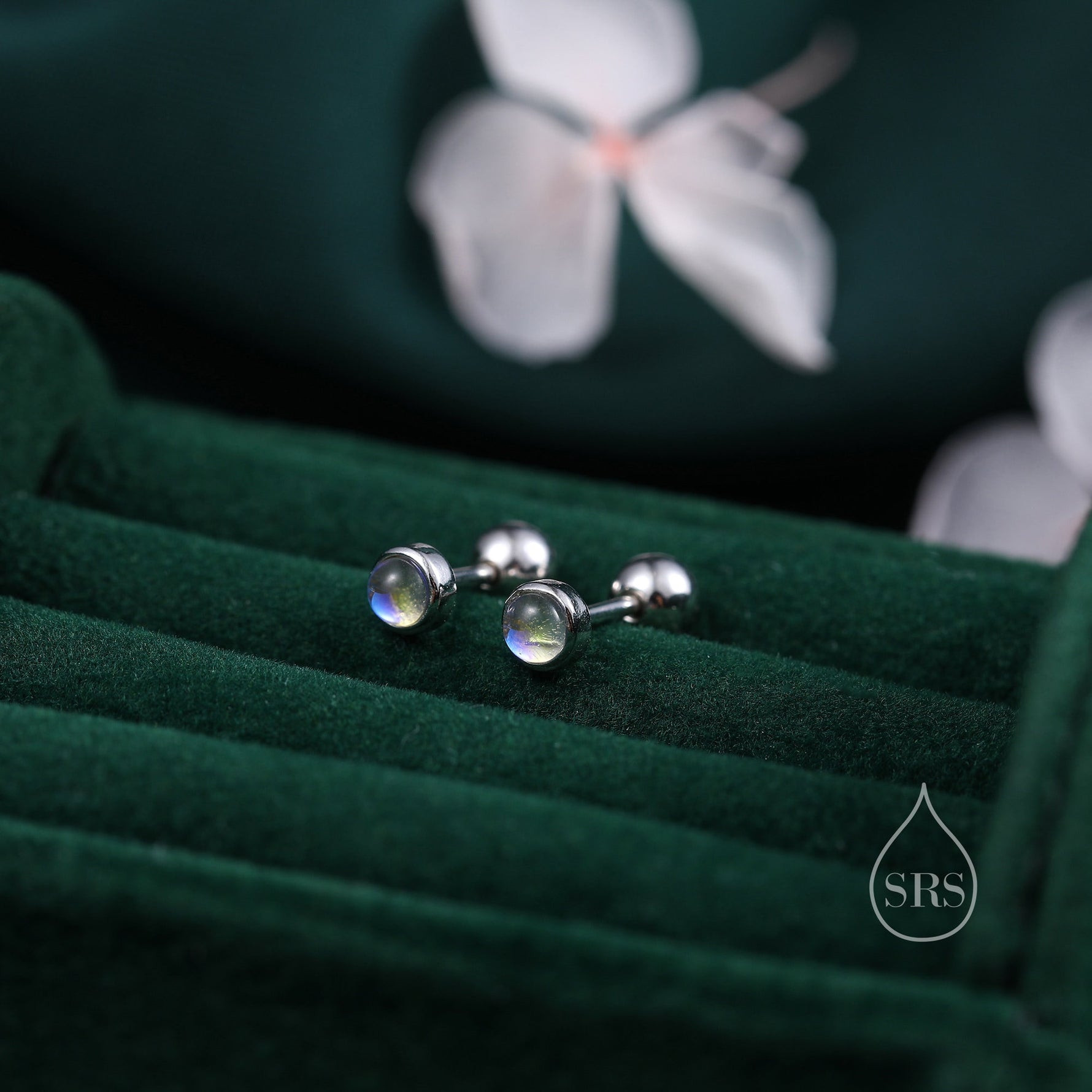 Moonstone Screw back Earrings in Sterling Silver, Bezel, Aurora Barbell Earrings, Lab-created Crystal Dot Earrings, Piercing Jewellery