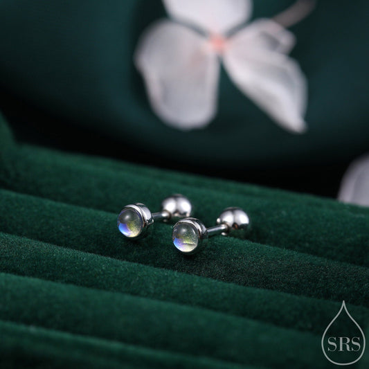 Moonstone Screw back Earrings in Sterling Silver, Bezel, Aurora Barbell Earrings, Screw back Crystal Dot Earrings, Piercing Jewellery
