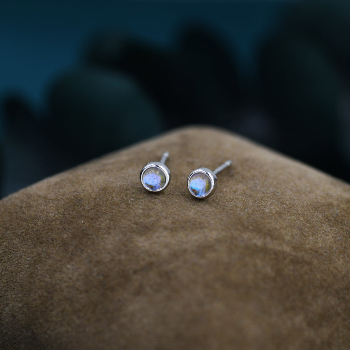 Moonstone Stud Earrings in Sterling Silver, Bezel, Aurora Stone Stud Earrings, 3mm Aurora Crystal Dot Earrings, lab-created moonstone