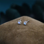 Moonstone Stud Earrings in Sterling Silver, Bezel, Aurora Stone Stud Earrings, 3mm Aurora Crystal Dot Earrings, lab-created moonstone