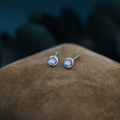 Moonstone Stud Earrings in Sterling Silver, Bezel, Aurora Stone Stud Earrings, 3mm Aurora Crystal Dot Earrings