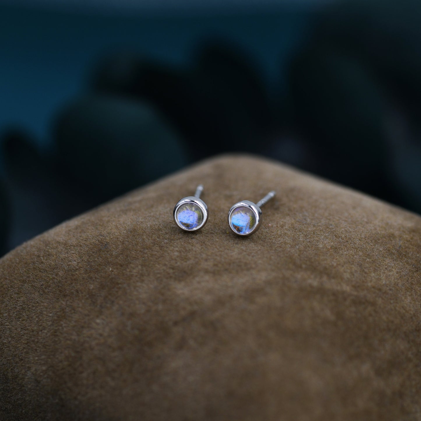 Moonstone Stud Earrings in Sterling Silver, Bezel, Aurora Stone Stud Earrings, 3mm Aurora Crystal Dot Earrings