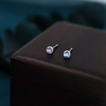 Moonstone Stud Earrings in Sterling Silver, Bezel, Aurora Stone Stud Earrings, 3mm Aurora Crystal Dot Earrings, lab-created moonstone