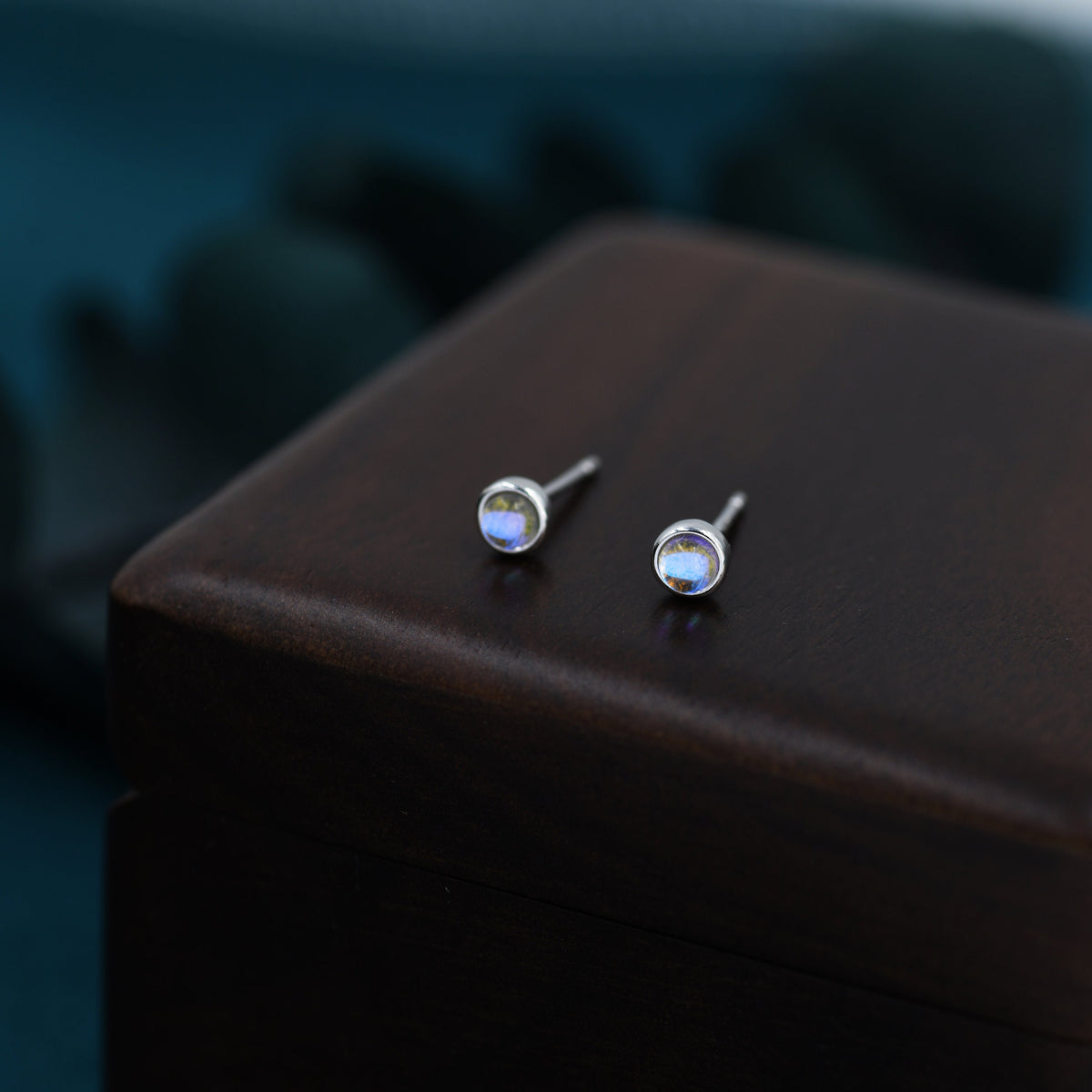 Moonstone Stud Earrings in Sterling Silver, Bezel, Aurora Stone Stud Earrings, 3mm Aurora Crystal Dot Earrings, lab-created moonstone