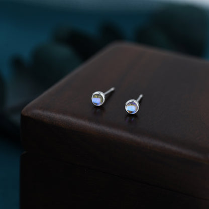 Moonstone Stud Earrings in Sterling Silver, Bezel, Aurora Stone Stud Earrings, 3mm Aurora Crystal Dot Earrings