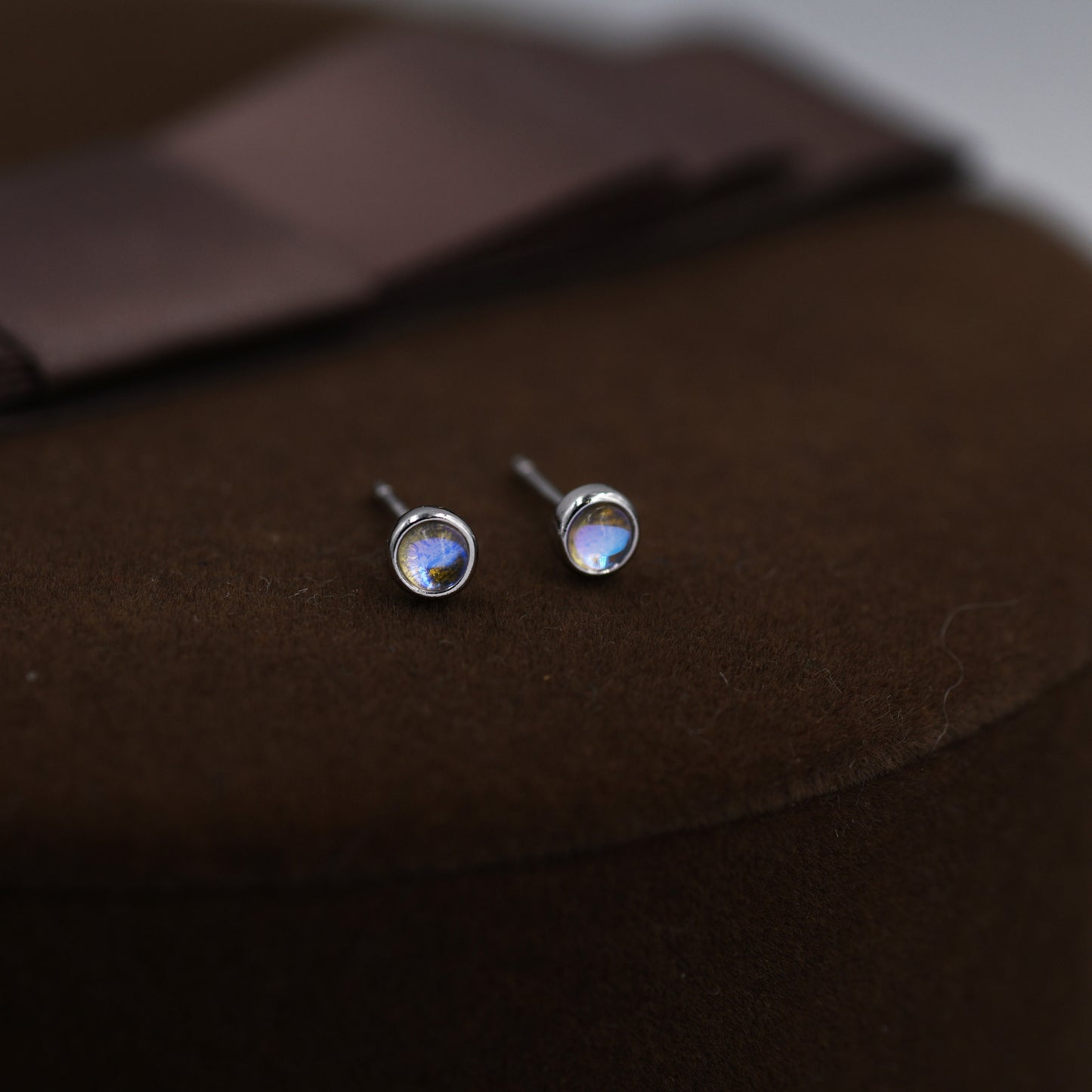 Moonstone Stud Earrings in Sterling Silver, Bezel, Aurora Stone Stud Earrings, 3mm Aurora Crystal Dot Earrings