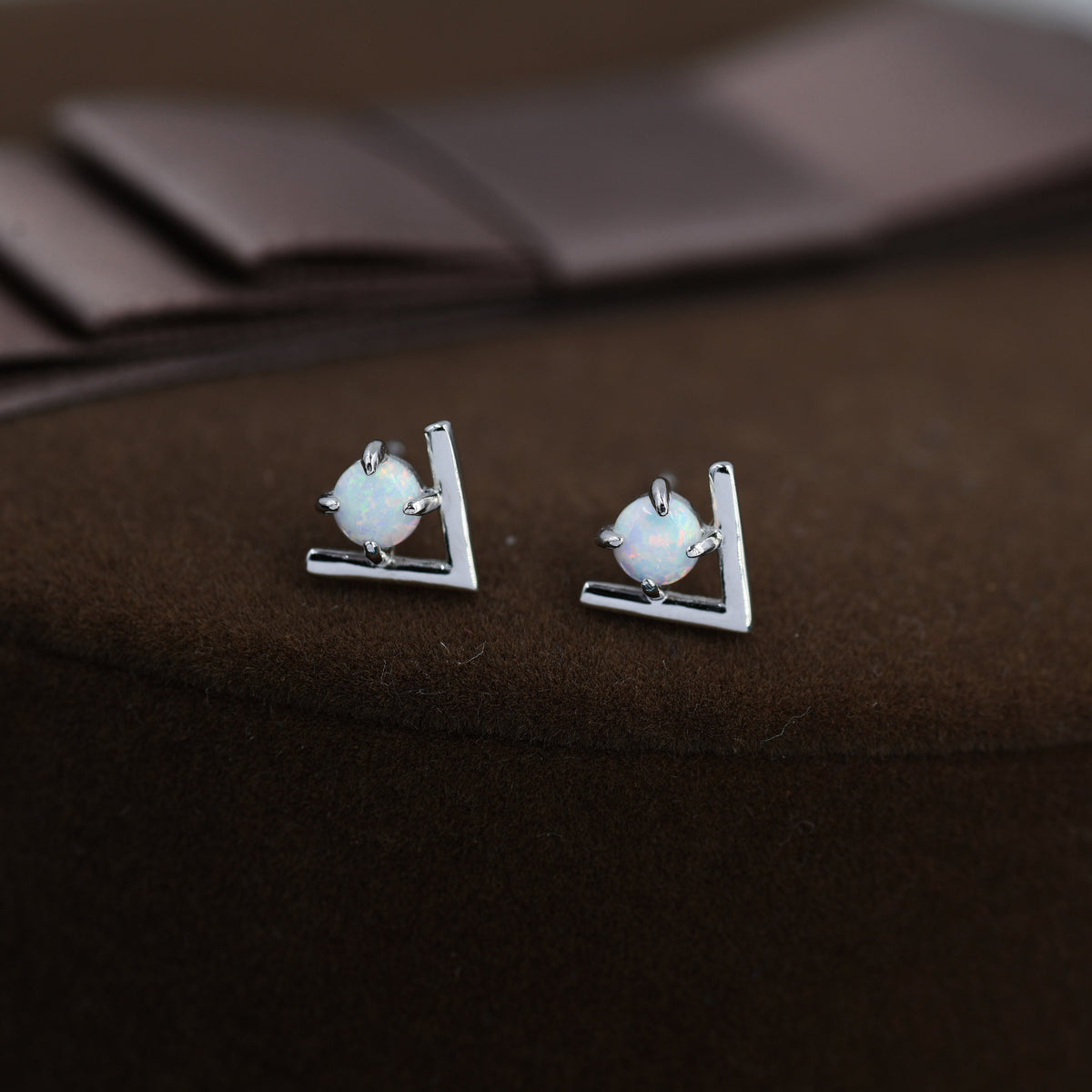 Sterling Silver Opal Chevron Stud Earrings, V shape Opal Earrings, Geometric Opal Earrings, Lab Opal Studs