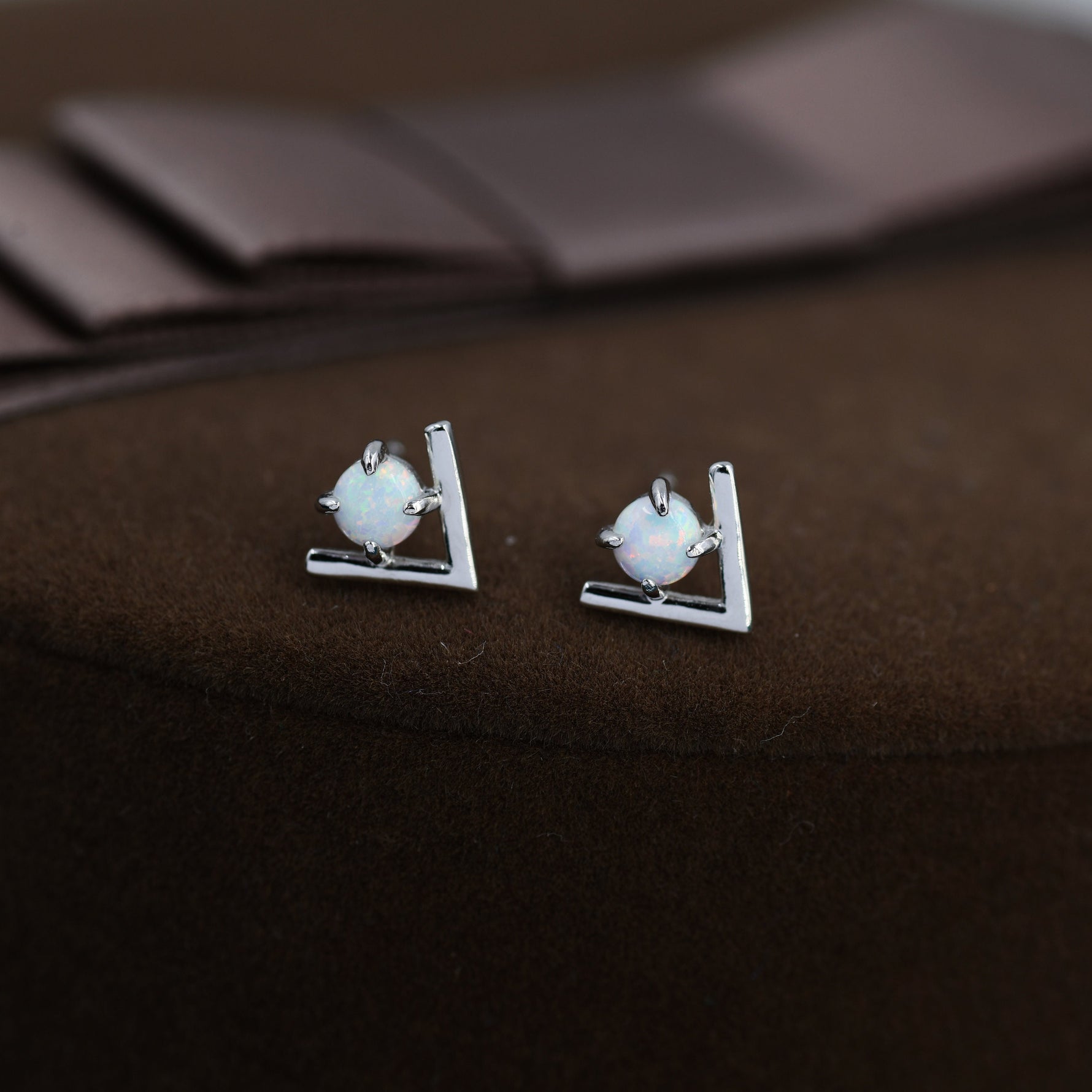 Sterling Silver Opal Chevron Stud Earrings, V shape Opal Earrings, Geometric Opal Earrings, Lab Opal Studs