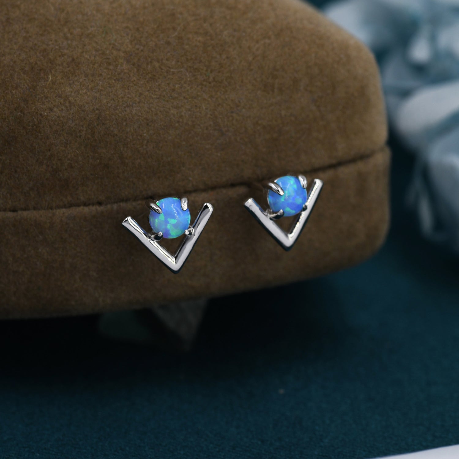 Sterling Silver Blue Opal Chevron Stud Earrings, V shape Opal Earrings, Geometric Opal Earrings, Lab Opal Studs