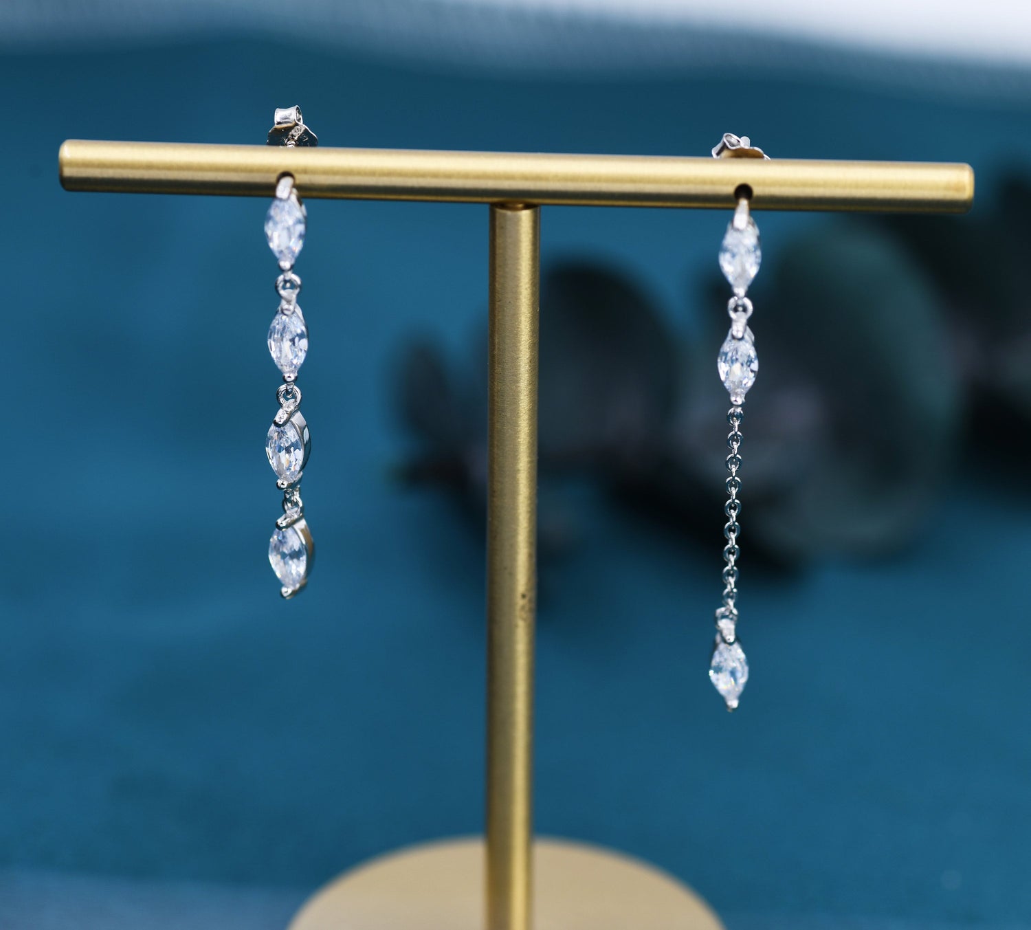 Asymmetric Marquise CZ Dangle Drop Stud Earrings in Sterling Silver, Marquise CZ Leave Earrings, Tree Branch Nature Inspired Design
