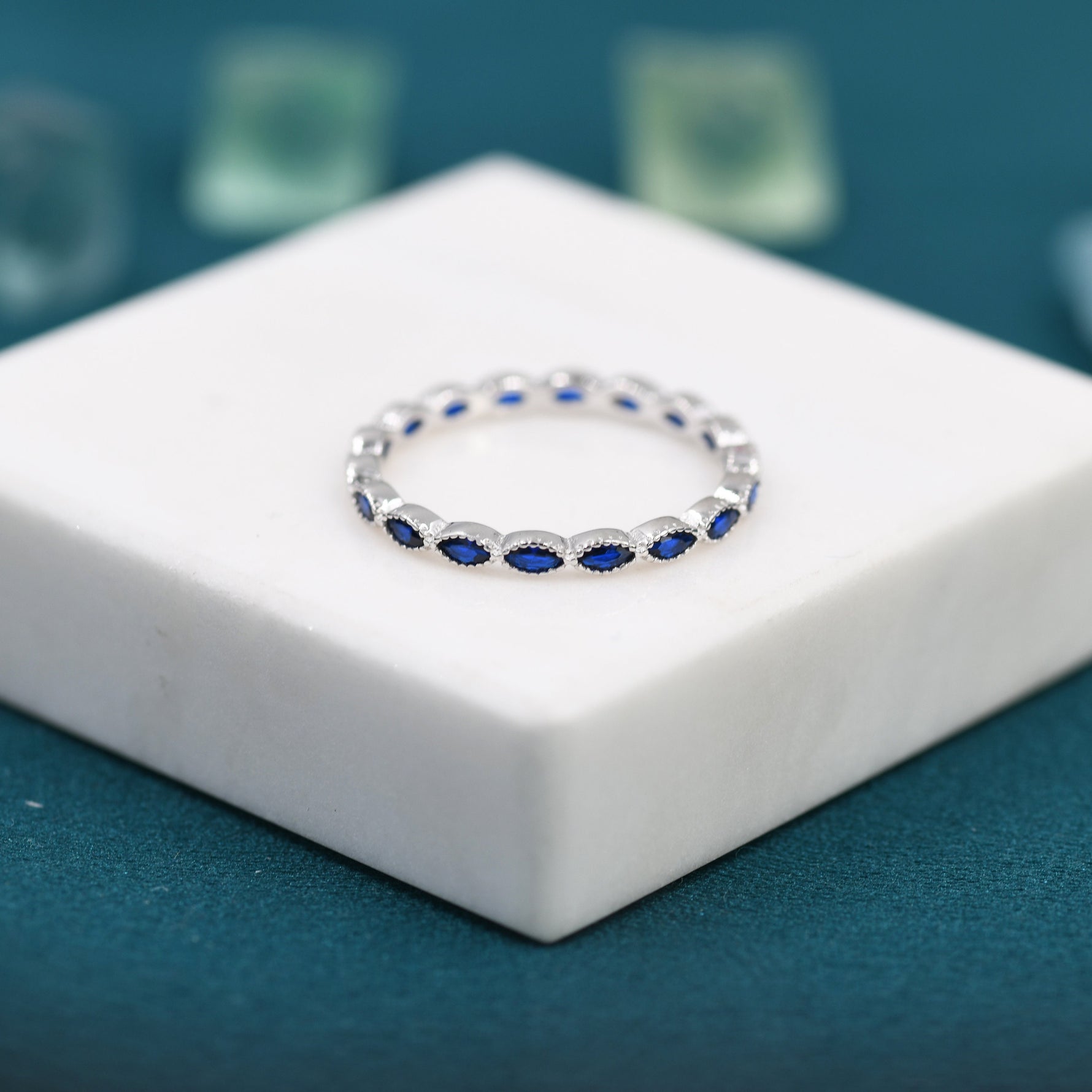 Sapphire Blue Marquise CZ Infinity Ring in Sterling Silver, Skinny Marquise Ring US 5 - 8